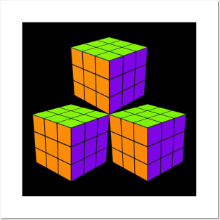 Three Rubik Cubes in a Triangle - Orange, Green and Purple Posters and Art